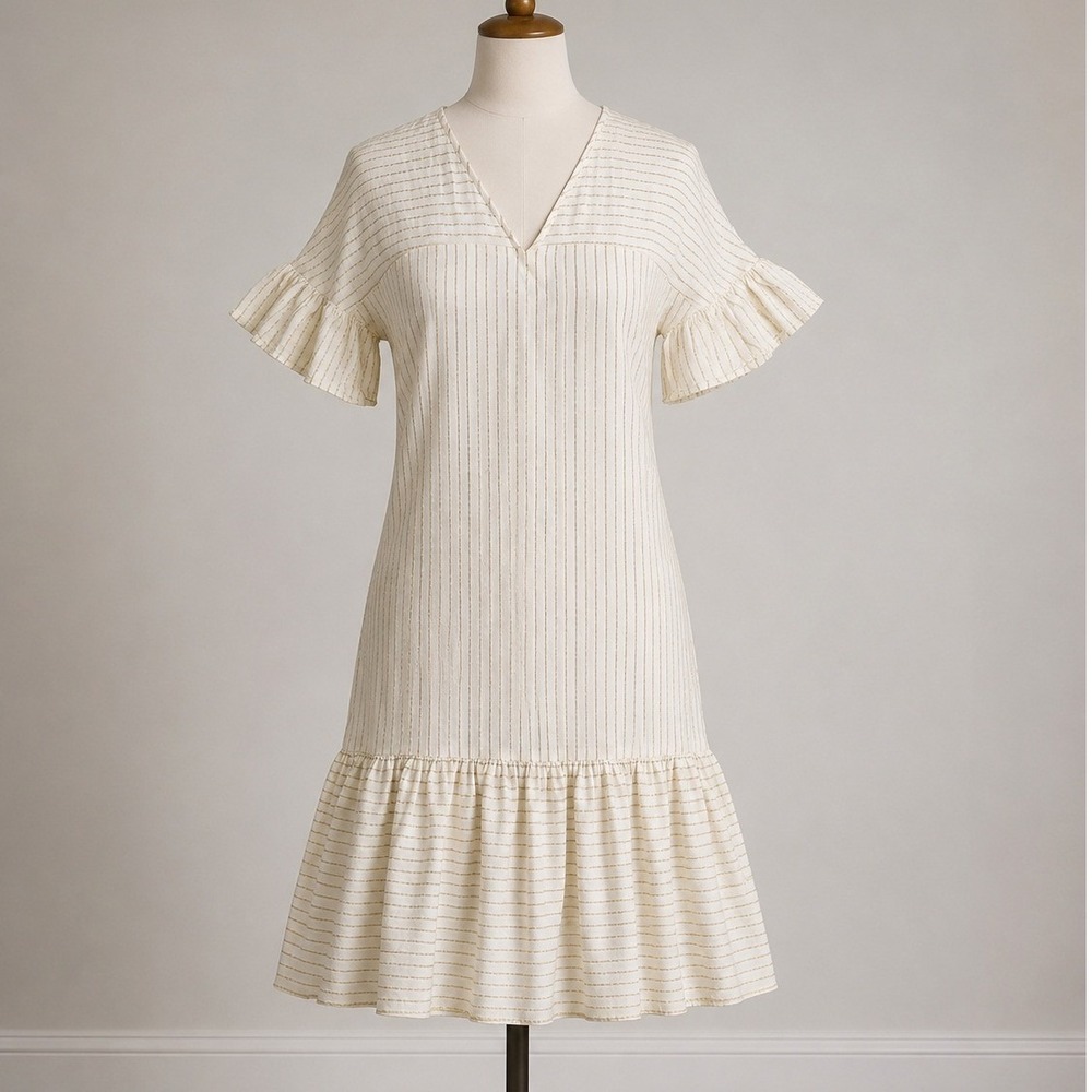 Self Contrast Anthropologie Cream Gold Metallic Striped Midi Dress XS NWOT